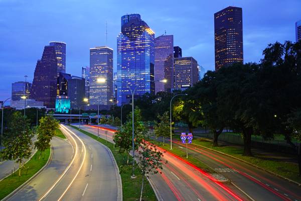 Houston at the blue hour. Allen Pkwy