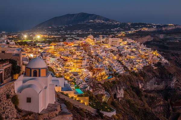 View of Fira at blue hour