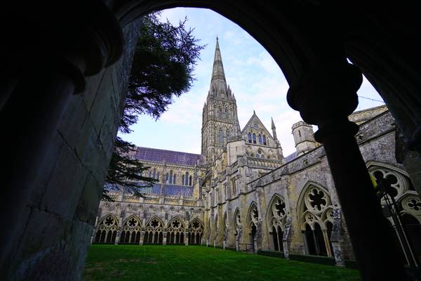 The spire of Salisbury Cathedral from the cloisters, England