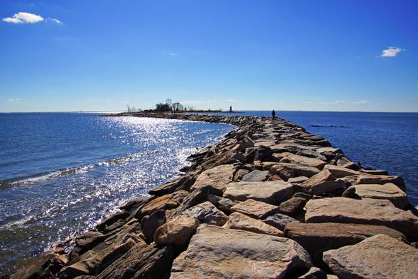 Walking to Fayerweather Island on a sunny day, Bridgeport, Connecticut