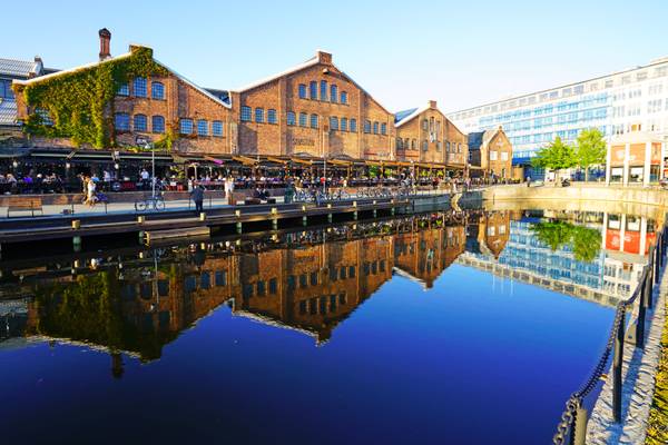 Trendy district in the old wharfs of Trondheim, Norway