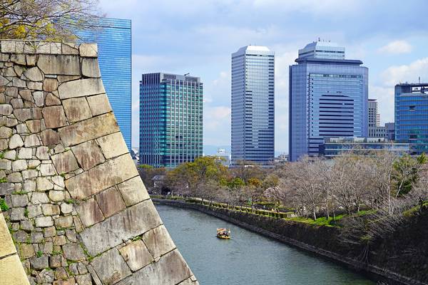 Osaka cityscape from the Castle ramparts, Japan