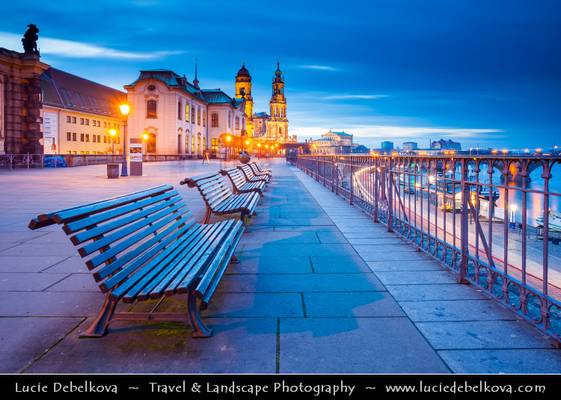 Germany - Saxony - Dresden - Well preserved Baroque-style Architecture Old Town along River Elbe (Labe) at Dusk