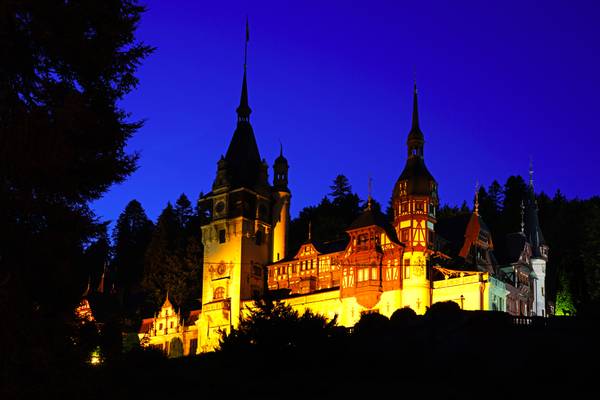 Fairy tale castle of Romanian Kings at the blue hour