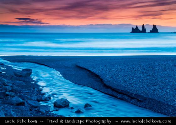 Iceland - Vik i Myrdal Area - Reynisdrangar - Rock Formation on the Beach of Atlantic Ocean at Sunset