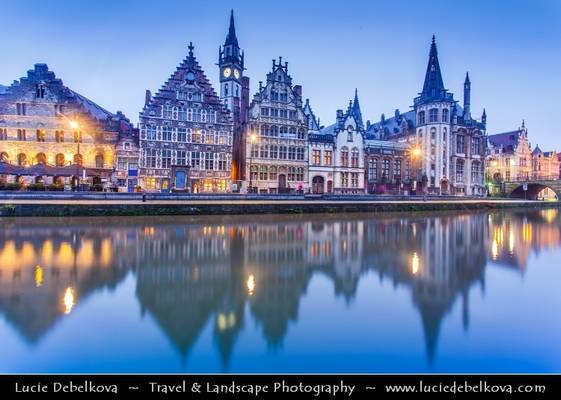 Belgium - Gent - Ghent - Medieval town with unique row of historical buildings along water canals at Dusk