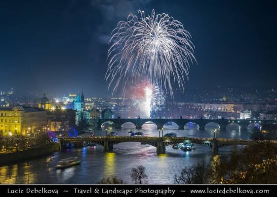 Czech Republic - Prague - Bridges over the Vltava river at night during New Year's Firework display