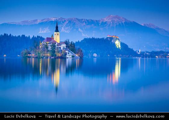 Slovenia - Church island at Bled Lake at Dusk - Twilight - Blue Hour - Night