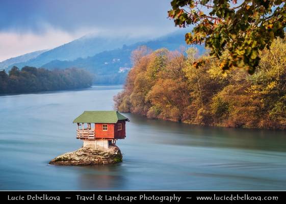 Serbia - Tara National Park - Lonely house perched on a rock in the middle of the Drina River