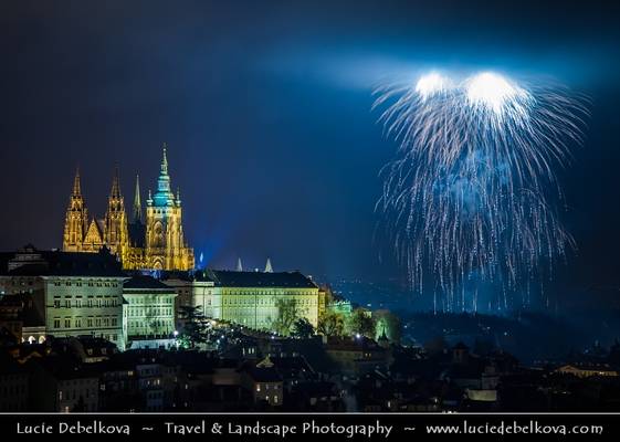Czech Republic - Prague - Prague Castle & Saint Vitus's Cathedral at night during New Year's Firework display