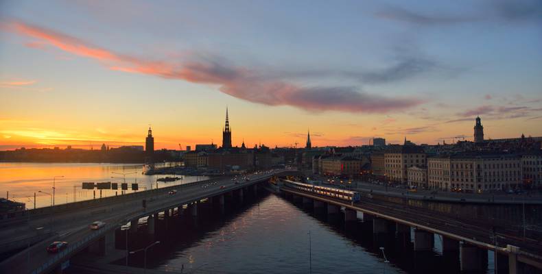 Stockholm's skyline at sunset