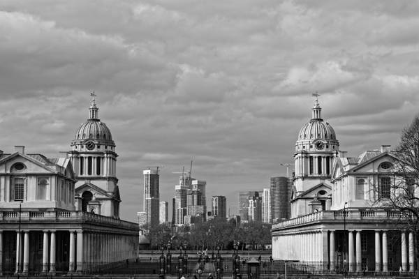 View of Old Royal Naval College, Greenwich taken from Queen's House. Canary Wharf in background.