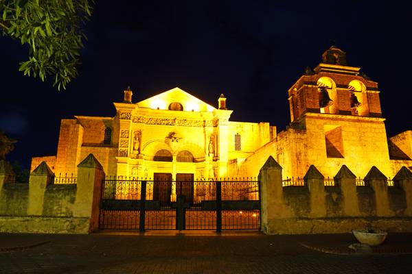 Santo Domingo by night. The Cathedral from Calle Arzobispo Meriño
