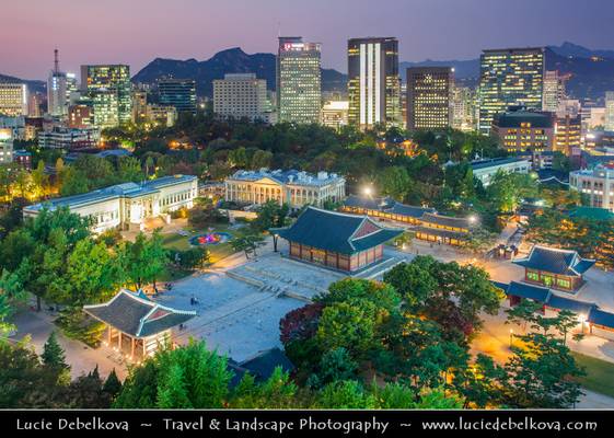 South Korea - Seoul - Cityscape with Deoksugung Palace at Dusk - Twilight - Blue Hour - Night