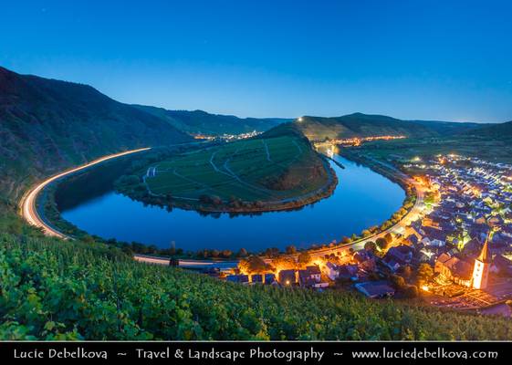 Germany - Bremm - Famous River Bend at Mosel at Dusk - Twilight - Blue Hour - Night