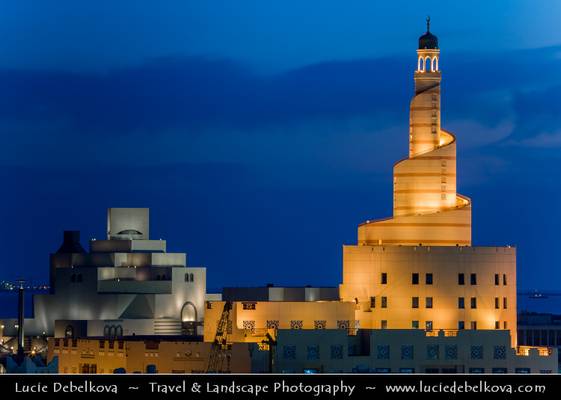 Qatar - Doha - Fanar - Spiral Minaret &  Museum of Islamic Arts - MIA at Dusk - Twilight - Blue Hour