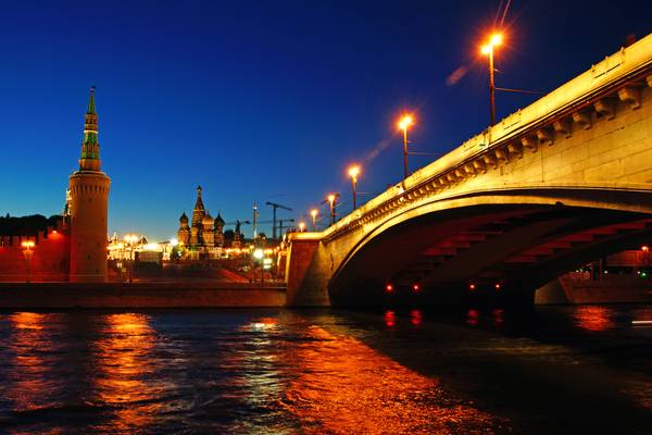 Moscow in the blue hour. Along the bridge