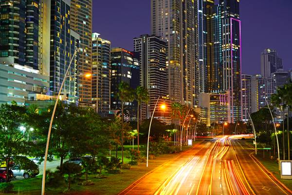 Panama City by night. Downtown traffic