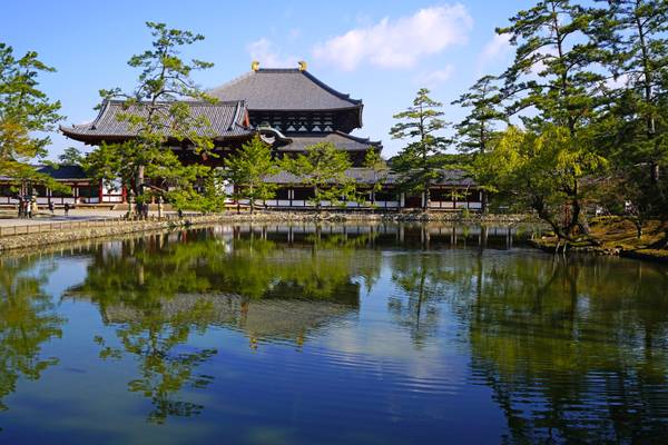 Tōdai-ji Temple reflecting in the pond, Nara, Japan