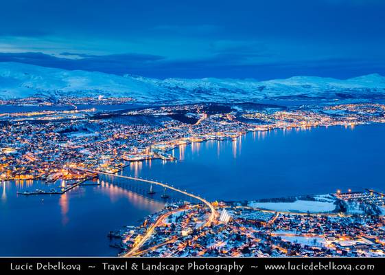 Norway - Tromsø - Fantastic view of Tromsø under snow during winter time at Dusk - Twilight - Blue Hour - Night