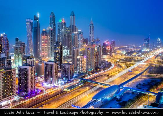 United Arab Emirates - UAE - Dubai - Marina area along Sheikh Zayed Road at Dusk - Twilight - Blue Hour - Night