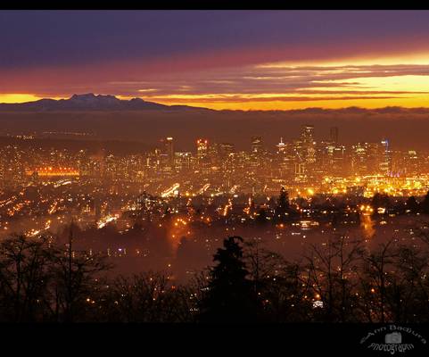 Foggy sunset at Burnaby Mountain, BC, Canada