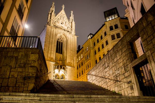 A night shot of the Catholic Church Maria am Gestade, Vienna, Austria