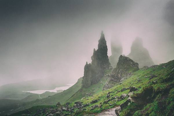 Pinnacles of the Old Man of Storr during a foggy day