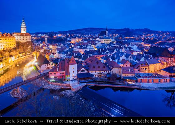 Czech Republic - Český Krumlov - Historical town on banks of river bend of Vltava river at Dusk - Twilight - Blue Hour - Night