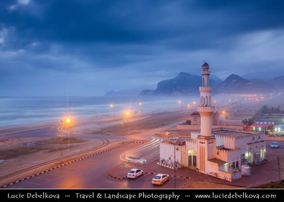 Oman - Salalah - Al-Mughsayl Beach - Al Maghseel - Mughsail - Maghsail - Scenic coastal location along Indian Ocean with Lonely Mosque at Dusk - Twilight - Night