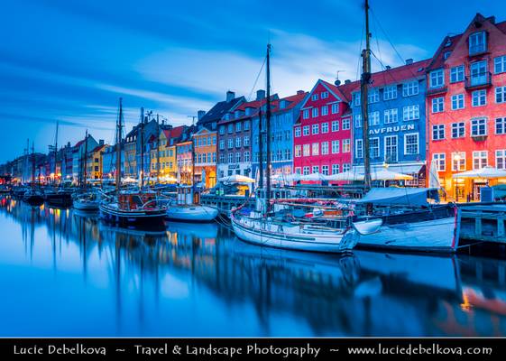 Denmark - Copenhagen - Nyhavn - Colourful 17th century waterfront at Dusk - Twilight - Blue Hour - Night