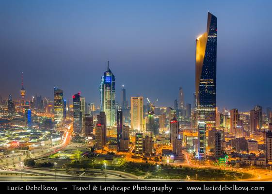 Kuwait - Kuwait City and its skyline with Al Hamra Tower at Dusk - Twilight - Blue Hour - Night