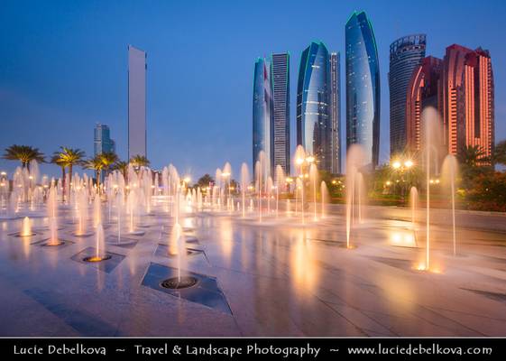 United Arab Emirates - UAE - Abu Dhabi - Brand new modern skyline with sky high skyscrapers at Dusk - Twilight - Blue Hour - Night