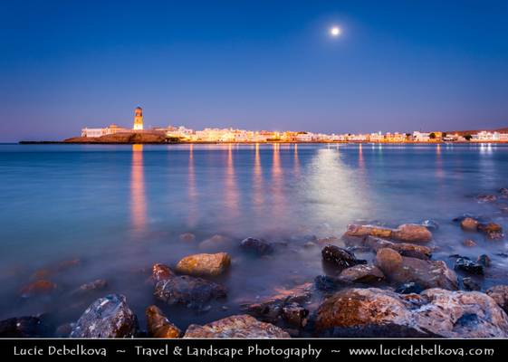 Oman - Sur - Full Moon and Al-Ayjah Lighthouse at Dusk - Blue Hour - Night - Twilight