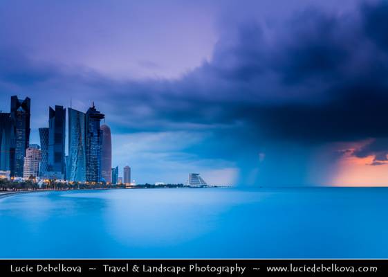 Qatar - Doha - Doha Corniche during heavy storm at sunrise