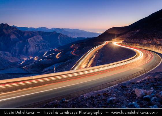 United Arab Emirates - UAE - Ras Al Khaimah Emirate - RAK - Jebel Jais Mountain Road at Dusk - Twilight - Blue Hour - Night