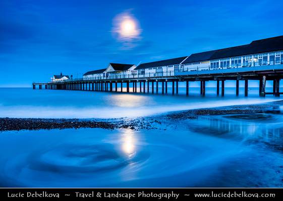 UK - England - East Anglia - Suffolk - Southwold Pier during Dusk, Twilight, Blue Hour, Night with Full Moon