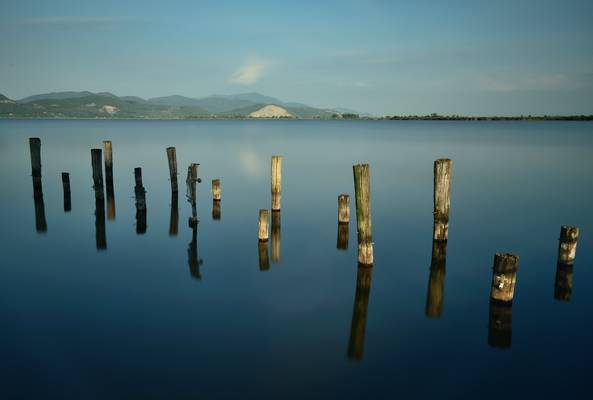 Wooden poles on the water on Torre del Lago Puccini