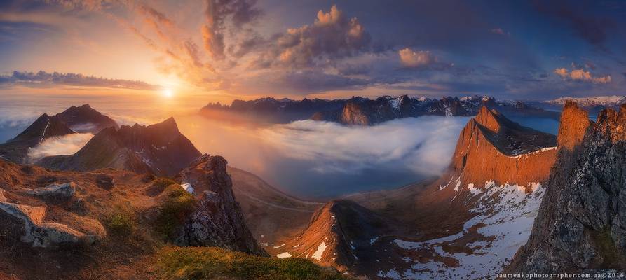 Norway. The island of Senja. The view from the mountains to the fjord Husfjellet Steinfjorden and teeth of the devil