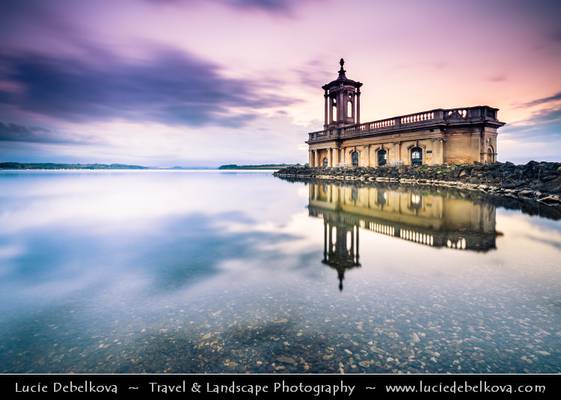UK - England - Submerged Normanton Church on shore of Rutland Water reservoir at Sunset
