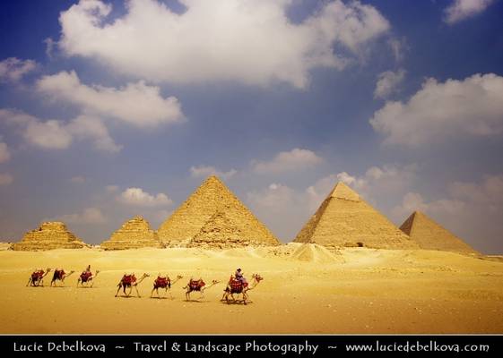 Egypt - Caravan at Pyramids of Giza – Famous landmark – One of Seven Wonders of the Ancient World