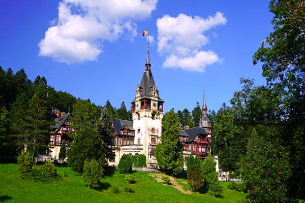 Picturesque view of Peleș Castle, Romania