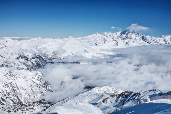 View from Aiguille Rouge at Valley and Mont Blanc