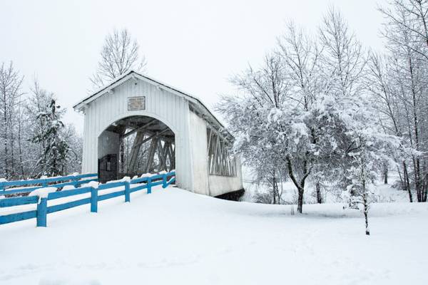 Covered bridge in snow, Willamette Valley, Oregon