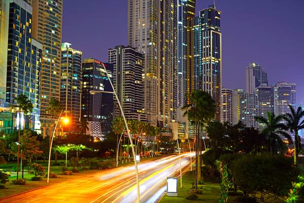 Panama City by night. The lights of Avenida Balboa