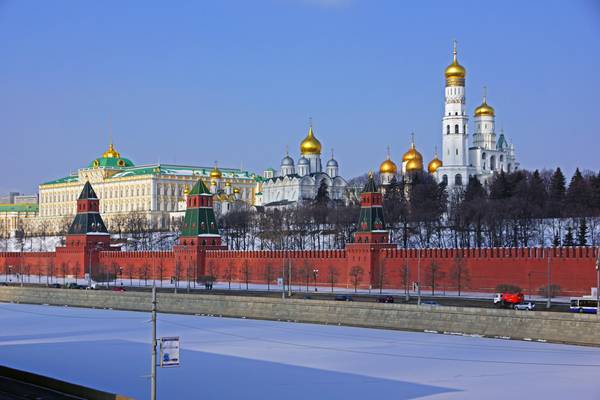 Moscow Kremlin view across the frozen Moscow River