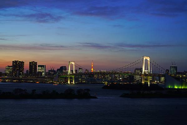 Tokyo at the blue hour. Gorgeous panorama with Rainbow Bridge