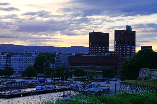 Oslo City Hall at sunset, Norway