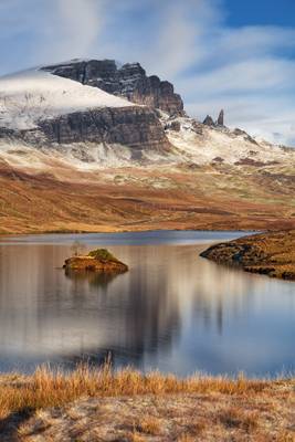 Snow Capped Old Man of Storr Reflected in Loch Fada, Isle of Skye, Scotland