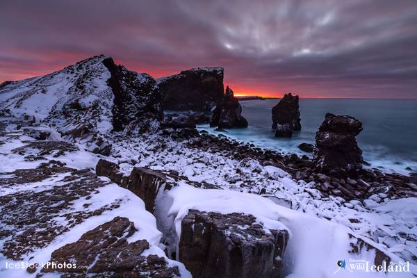 Kirkjuvogsbá and Valahnúkar cliffs in the winter morning light